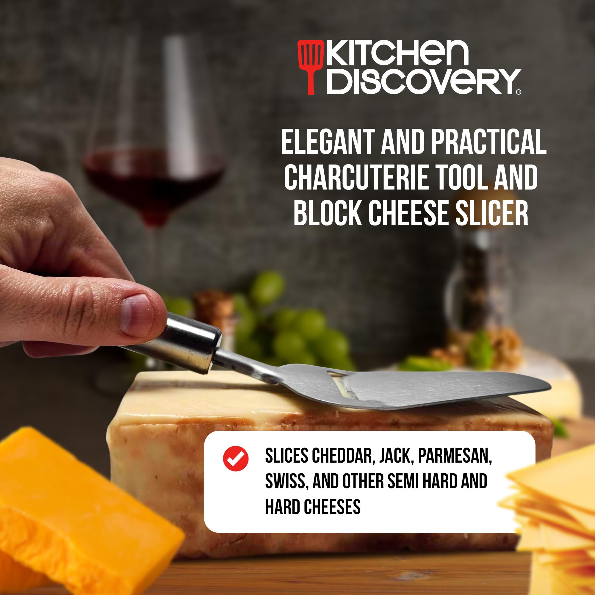 Cheese Slicer Handheld – Kitchen Discovery – Stainless Steel Cheese Plane Cuts Semi Hard and Hard Cheese into Thin, Uniform Slices – Elegant and Practical Charcuterie Tool and Block Cheese Slicer