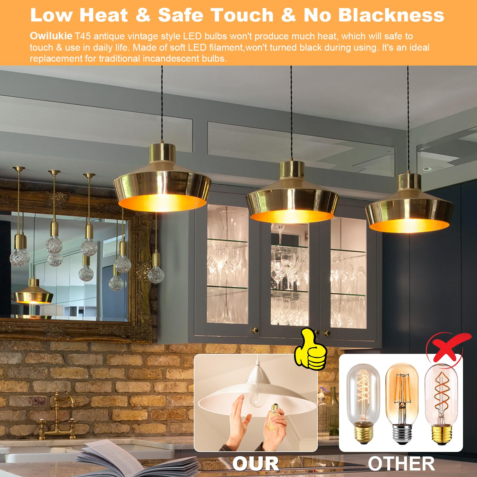 Owilukie E26 LED Bulb 6W Equivalent E26 Bulb 60 watt,Vintage Edison Bulbs,Warm White 2700K Amber E26 Edison Bulb dimmable,Tubular T14 T45 LED Light Bulb,AC120V,500lm,CR90+,Clear Glass,Pack of 4