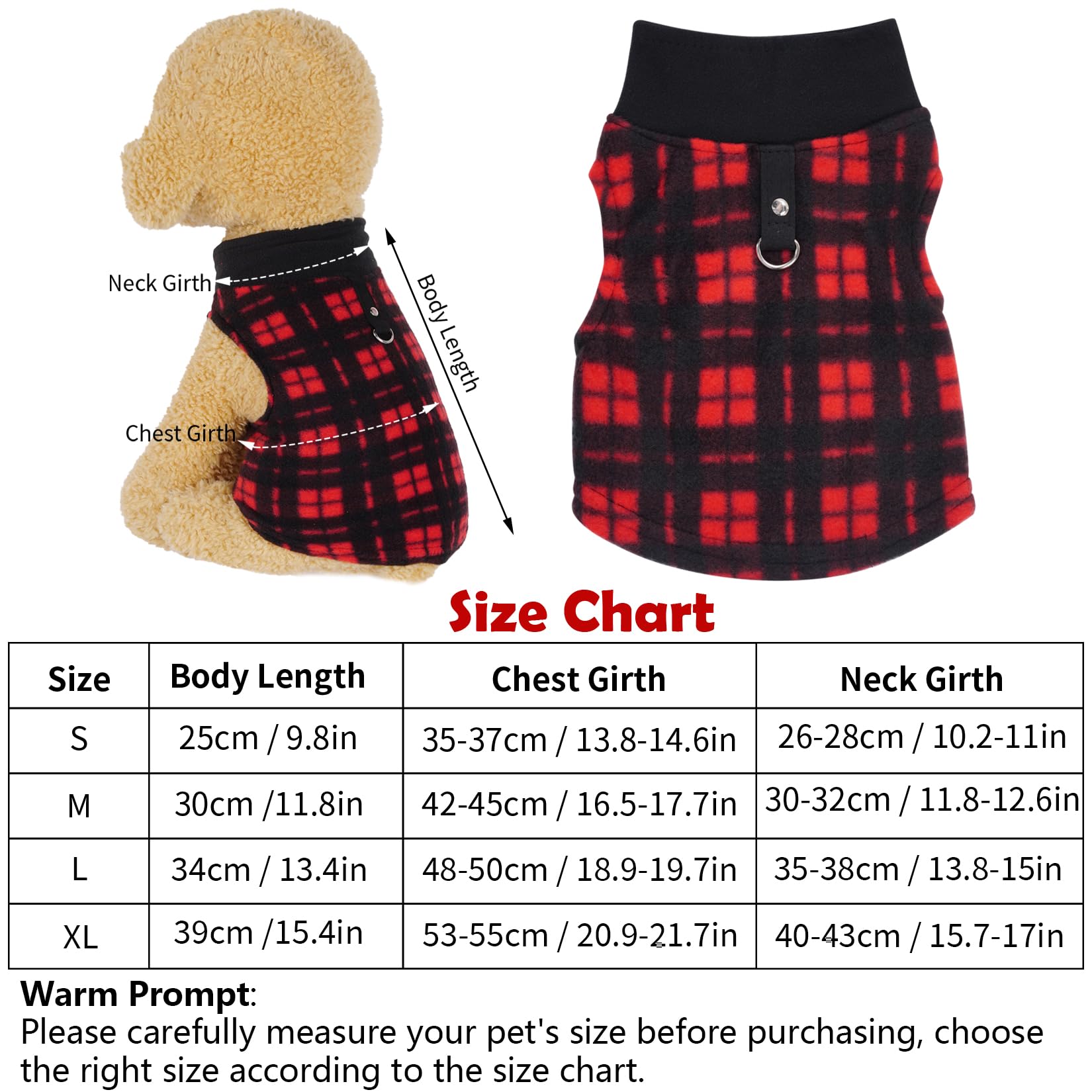 Rbenxia 4 Pieces Red Buffalo Plaid Dog Sweaters with Leash Ring Soft Fleece Vest Dog Pullover Warm Jacket Pet Dog Clothes Winter Dog Outfits for Small Puppy Cat Pets (Medium)