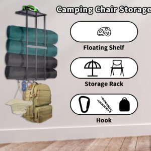 Gtouse Camping Chair Storage, Camping Chair Organizer for Garage Storage, Metal Camping Chair Wall Storage Holder, Floating Shelf with 4 Hooks for Garage Organization