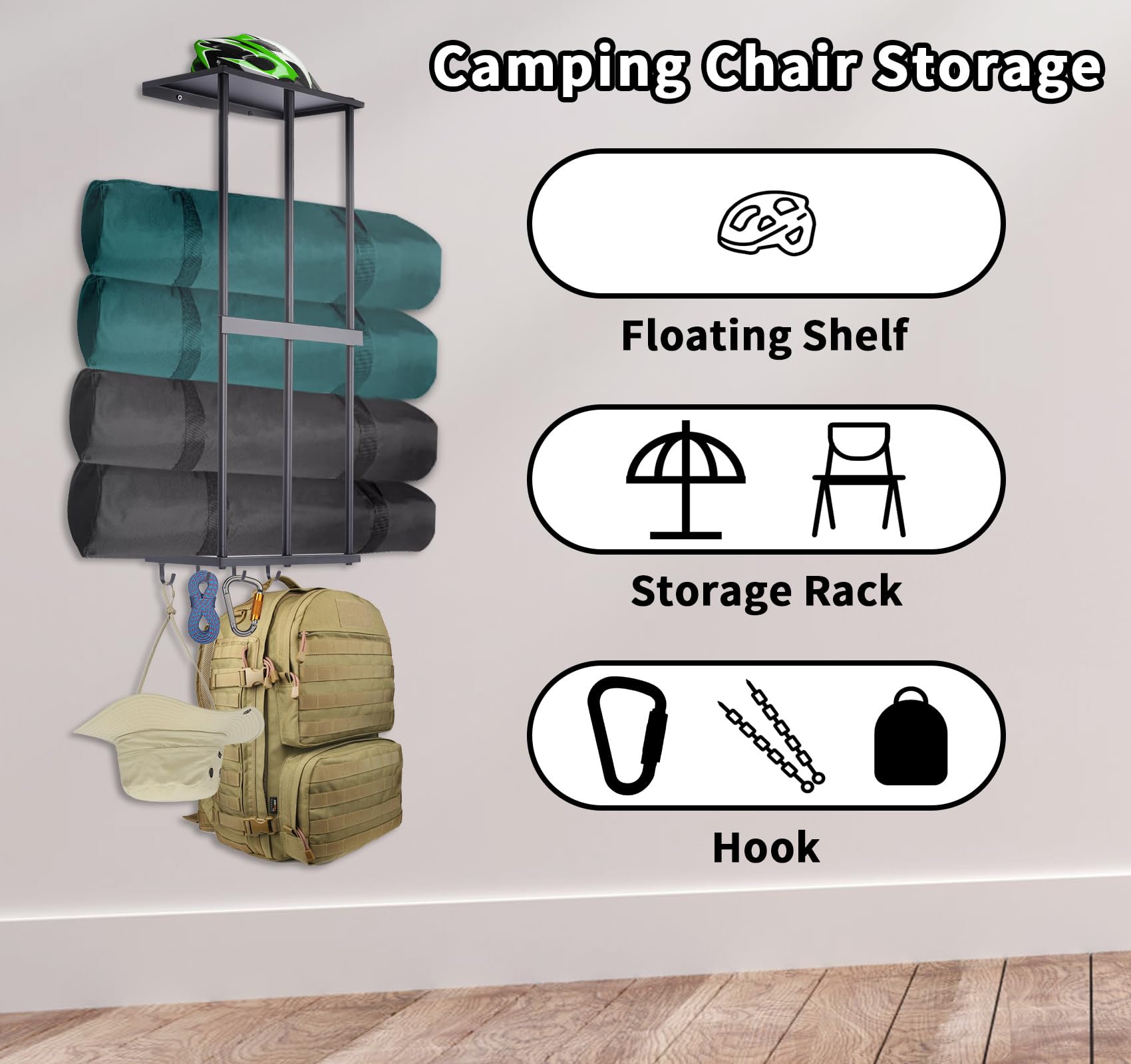 Gtouse Camping Chair Storage, Camping Chair Organizer for Garage Storage, Metal Camping Chair Wall Storage Holder, Floating Shelf with 4 Hooks for Garage Organization