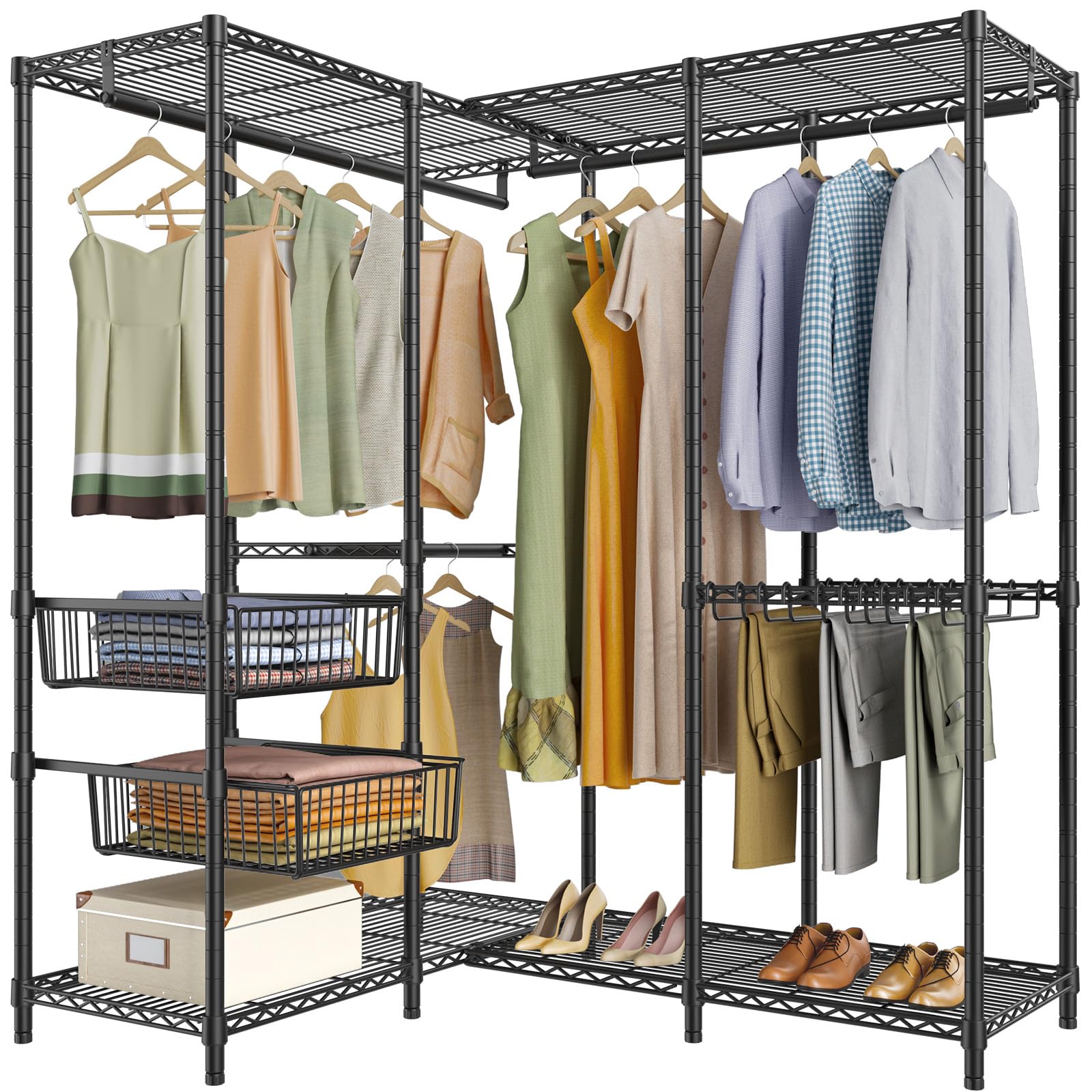 VIPEK L40 Pro L Shape Garment Rack Corner Clothes Rack for Hanging Clothes, Heavy Duty Clothing Rack with 2 Sliding Baskets & 10 Pants Hangers, Freestanding Wardrobe Closet, Max Load 1000lbs, Black