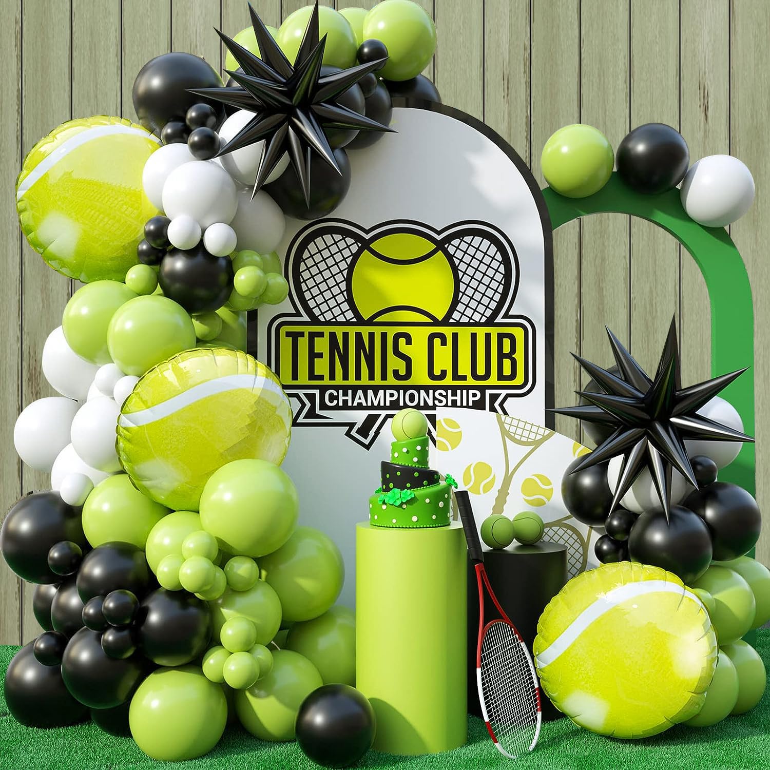 JINNYWOO Tennis Balloon Arch Garland Kit, 103Pcs Tennis Party Balloons Green Black Balloon Garland for Boys Girls Birthday Party Sports Party Gender Reveal Graduation with 4D Starburst Balloons