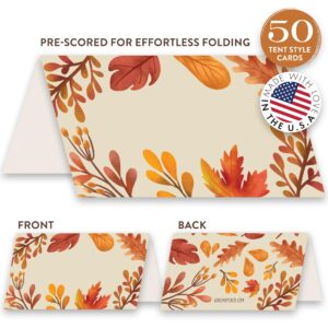 Koko Paper Co Fall Leaves Thanksgiving Table Place Cards | 50 Tent Style Dinner Setting Name Cards | Designed and Made in the U.S.A.