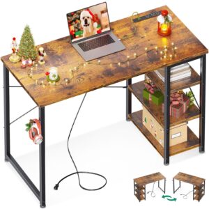 aodk laptop desk small desk, 40 inch computer desk with power outlet and usb & type-c charging port, writing desk with 3-tier reversible storage shelf for home office, 40'' x 16'', rustic brown