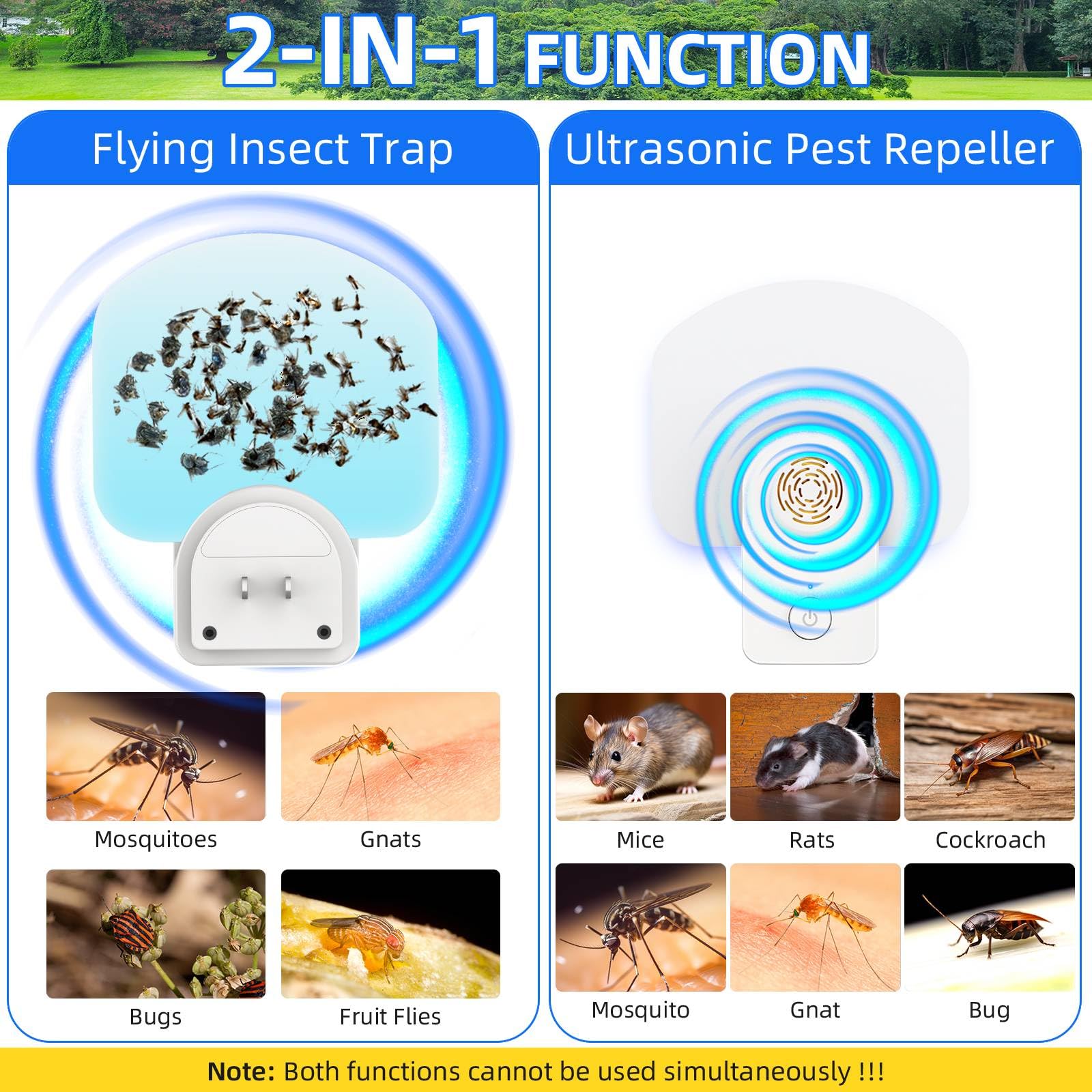 2 in 1 Flying Insect Trap Plug in & Ultrasonic Pest Repeller Indoor, House Safe Pest Control Fly Trap Mosquito Killer Mouse Repellent for Bug Mosquito Fruit Fly Gnat Mouse Rat, 2 Devices+6 Refills