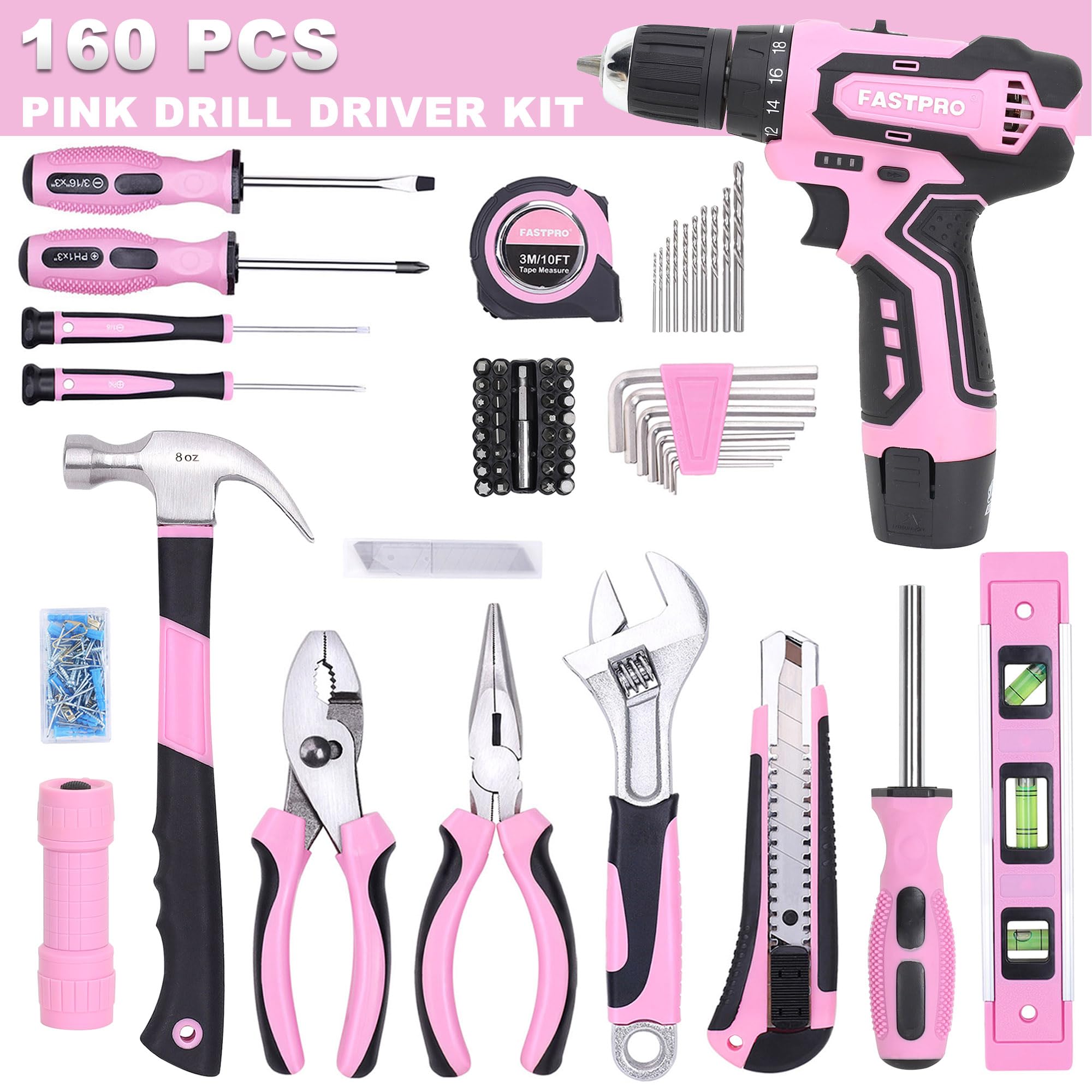 FASTPRO 160-Piece Pink Tool Set with 12V Cordless Lithium-ion Drill Driver, Lady's Home Repairing Tool Kit with Drill in Storage Case, For DIY, Home Maintenance.