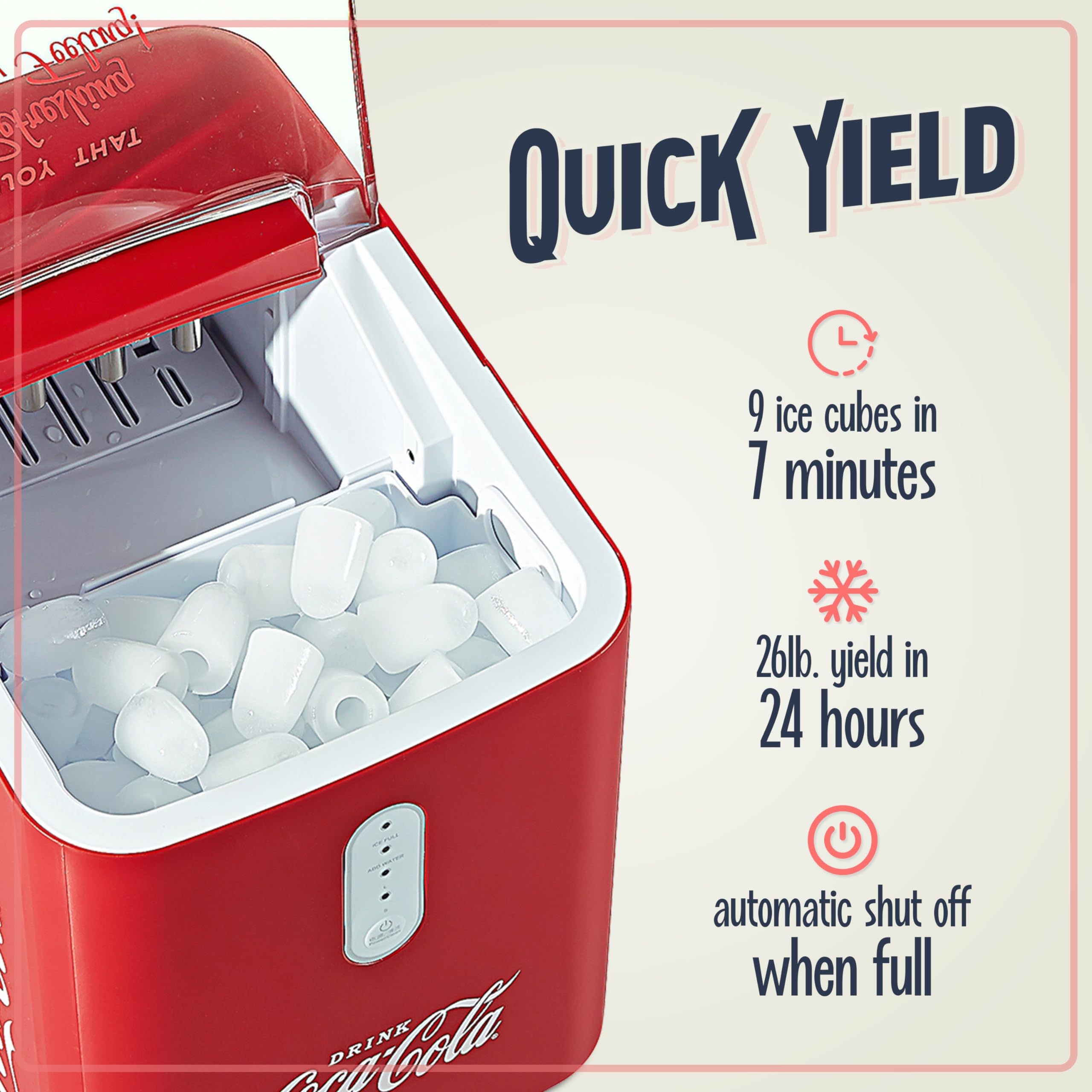 Coca-Cola Automatic Ice Maker, Self- Cleaning, Countertop Size, 26 Pounds in 24 Hours, 9 Large or Small Ice Cubes in 7 Minutes, LED Control Panel, Scoop Included, Perfect for Water Bottles