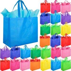 sperpand 30 pcs large goodie bags with tissues - 15.7" reusable non woven treat tote gift bags with handles for kids birthday, holiday gift bags, baby shower, rainbow party favor bags