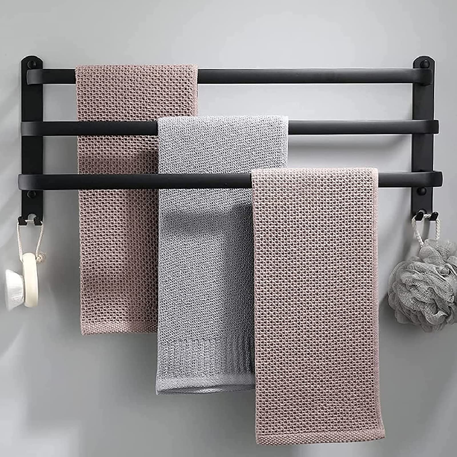 LUCEAE 3-Tiers Ladder Bath Towel Rail, Kitchen Tea Towel Rack, Hotel, Shower Room Towel Holder, Wall-Mounted Aluminum Towel Bar, Matte Black/60Cm