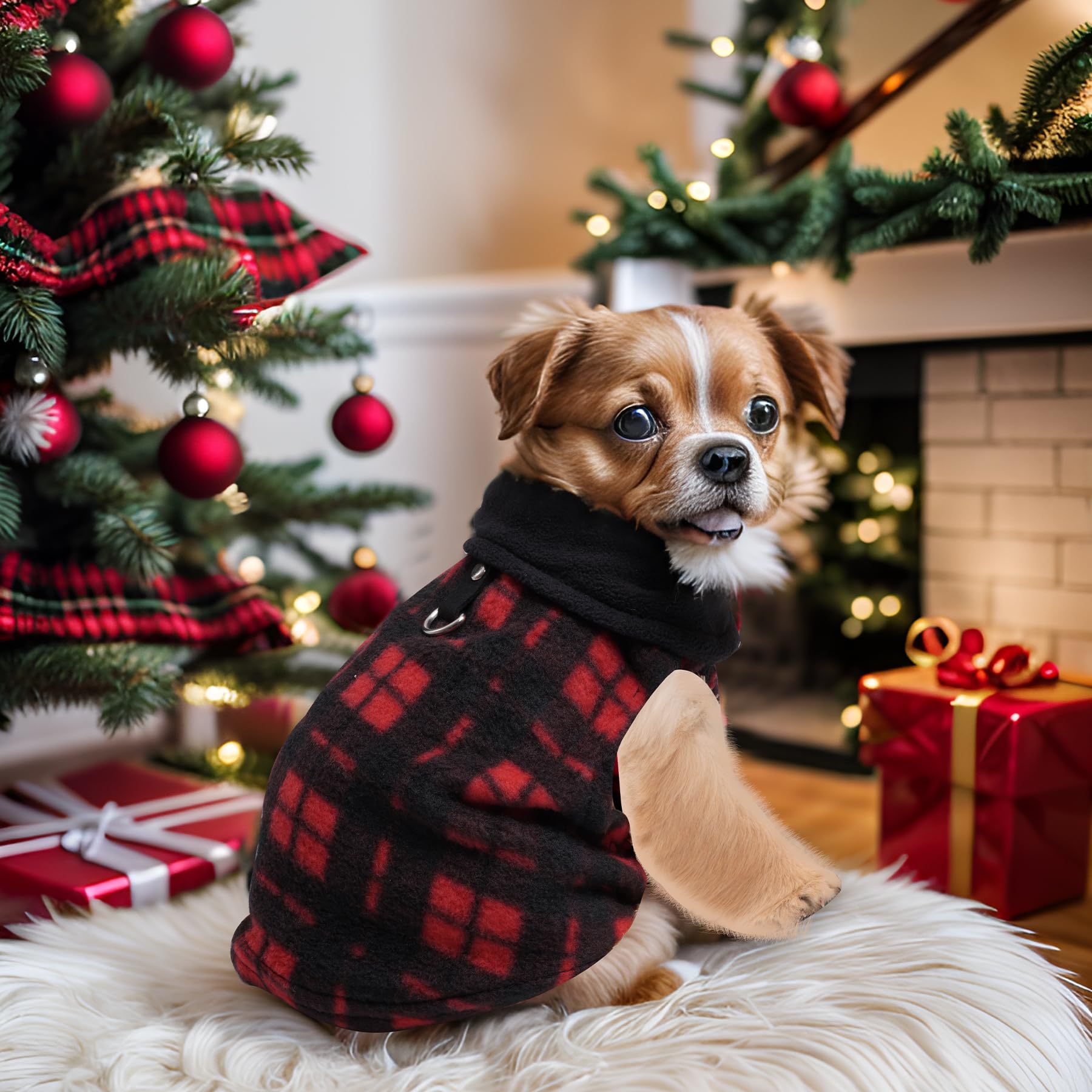 Rbenxia 4 Pieces Red Buffalo Plaid Dog Sweaters with Leash Ring Soft Fleece Vest Dog Pullover Warm Jacket Pet Dog Clothes Winter Dog Outfits for Small Puppy Cat Pets (Medium)