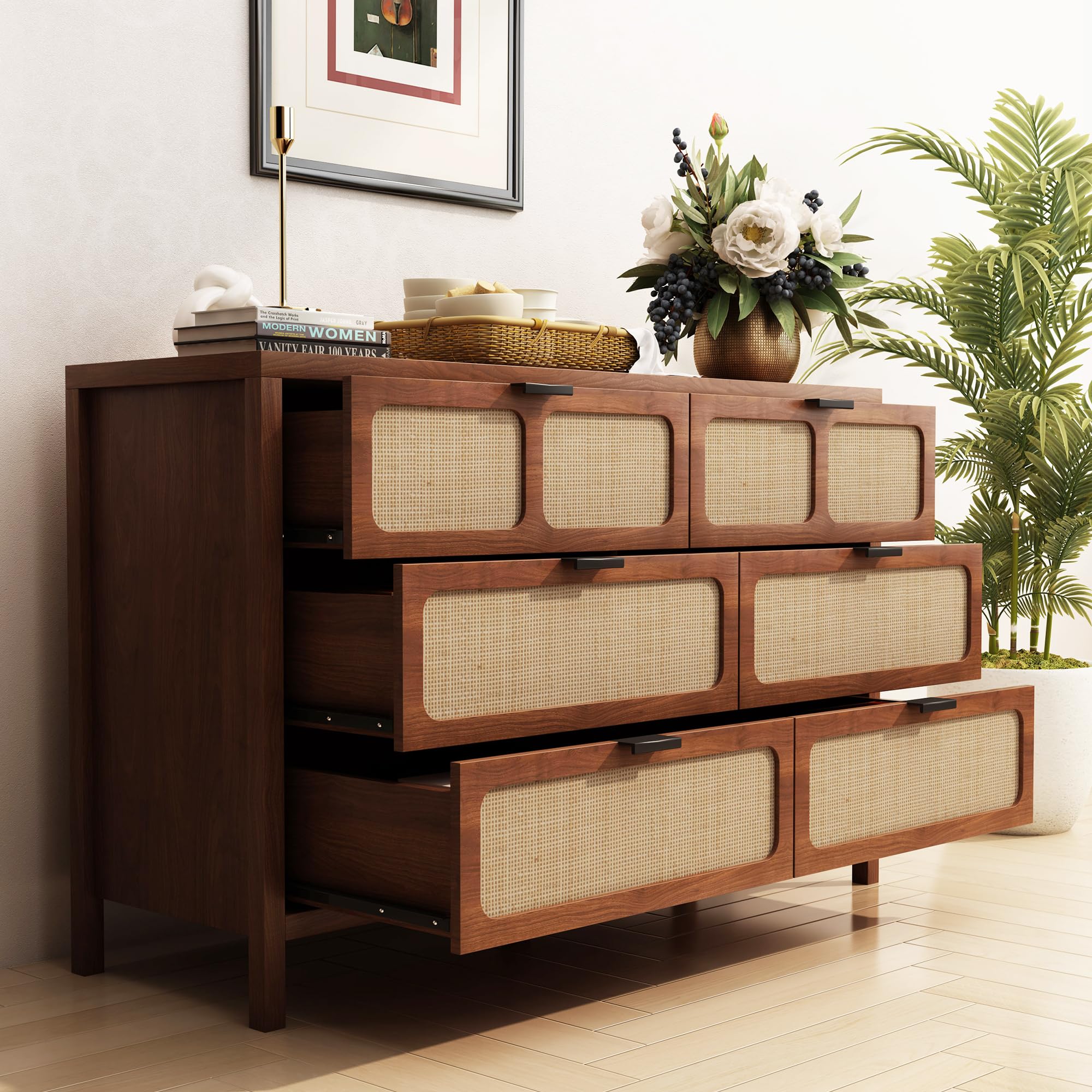 QEIUZON 6 Drawer Dresser, Modern Rattan Dresser Chest with Wide Drawers and Metal Handles, Farmhouse Wood Storage Chest of Drawers for Bedroom, Living Room, Entryway (Walnut-6 Drawers)