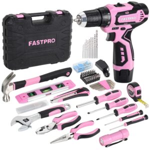 fastpro 160-piece pink tool set with 12v cordless lithium-ion drill driver, lady's home repairing tool kit with drill in storage case, for diy, home maintenance.