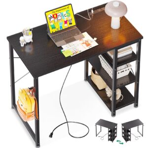 aodk laptop desk small desk, 32 inch computer desk with power outlet and usb & type-c charging port, writing desk with 3-tier reversible storage shelf for home office, 32'' x 16'', black