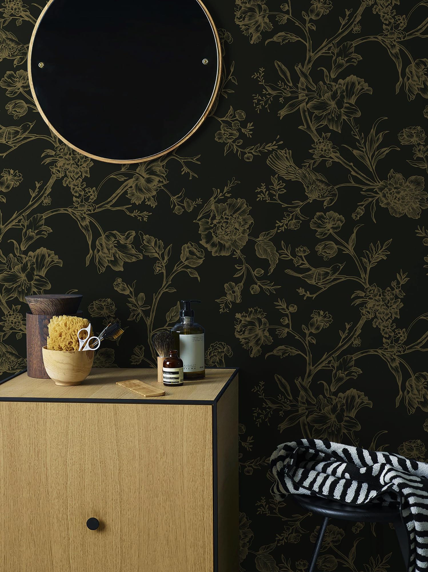 Safiyya Peel and Stick Wallpaper Gold and Black Contact Paper Floral Birds Wallpaper Peel and Stick Removable Wallpapr Boho Wallpaper Flower Contact Paper for Cabinets Vinyl Rolls 118"x17.3"