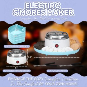 Party Desserts Electric Smores Maker Tabletop Indoor Kit, Indoor Marshmallow Roaster, Smores Station with 4 Compartment Trays & 4 Forks, Great Gift for Adults and Kids in Holidays and Parties (Blue)