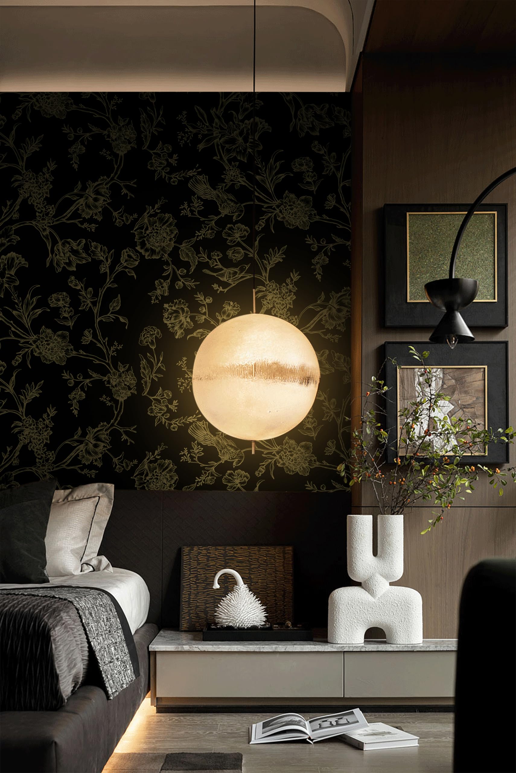 Safiyya Peel and Stick Wallpaper Gold and Black Contact Paper Floral Birds Wallpaper Peel and Stick Removable Wallpapr Boho Wallpaper Flower Contact Paper for Cabinets Vinyl Rolls 118"x17.3"