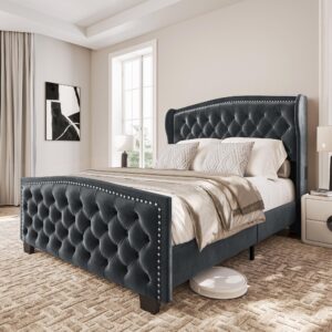 belleze queen headboard bed frame with fast charging port, upholstered platform bed frame with handmade button tufted headboard, stable noise-free bedroom bed, no box spring needed - oslo (gray)