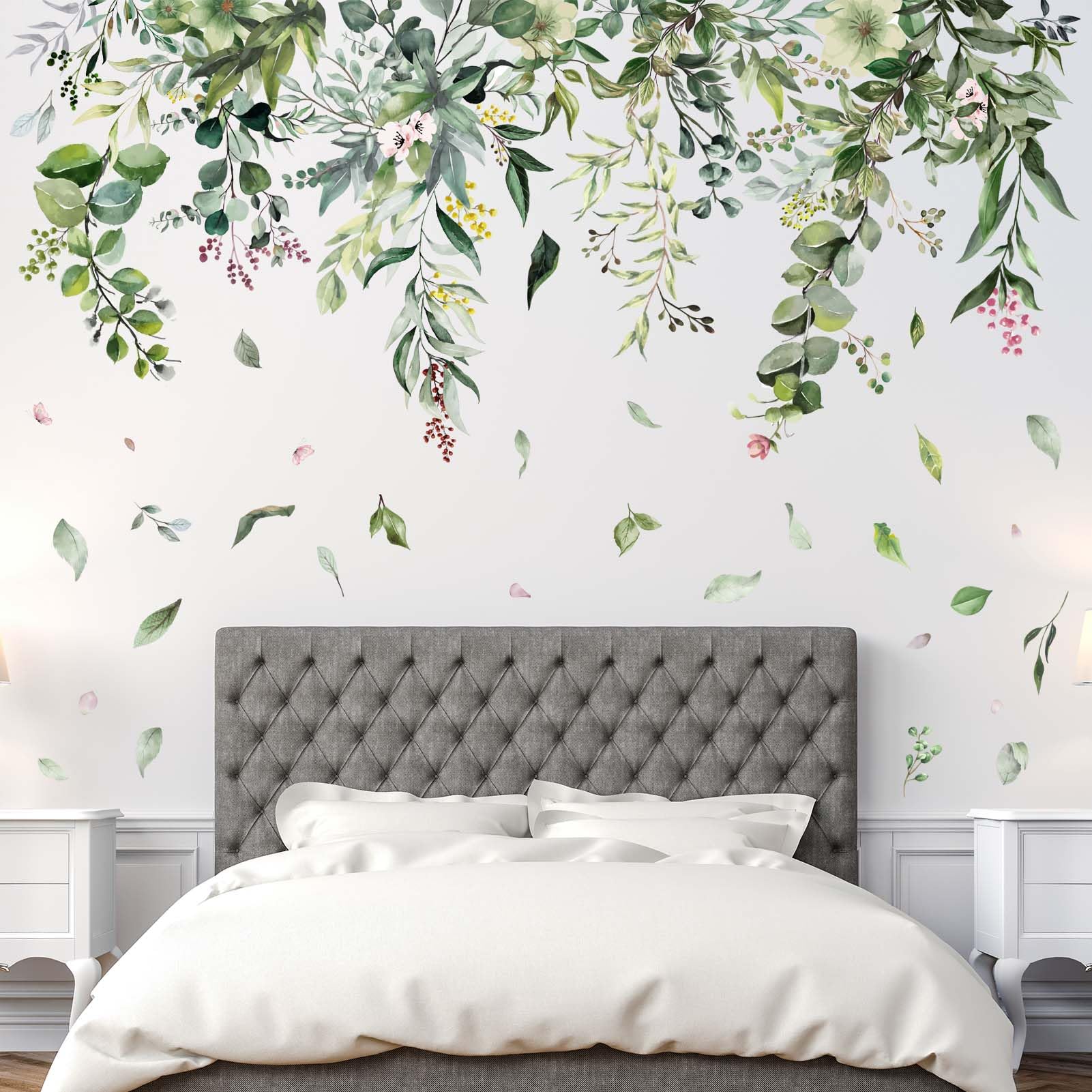 Amimagen Green Hanging Vine Wall Stickers - Nature Plants Flower Leaves Wall Decals - Bedroom Living Room Sofa TV Background Home Wall Decor