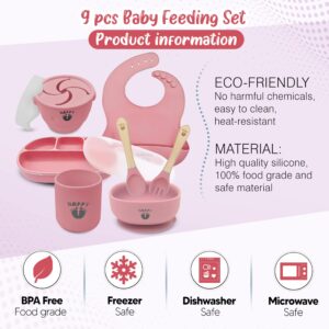 Dingas Direct - Happy Feet Feeding Set, 9 Piece Baby Feeding Supplies Set, Food Grade Silicone Baby Feeding Set, Baby Led Weaning Set and Baby Dishes, Quality Baby Suction Bowls and Plates. (Pink)