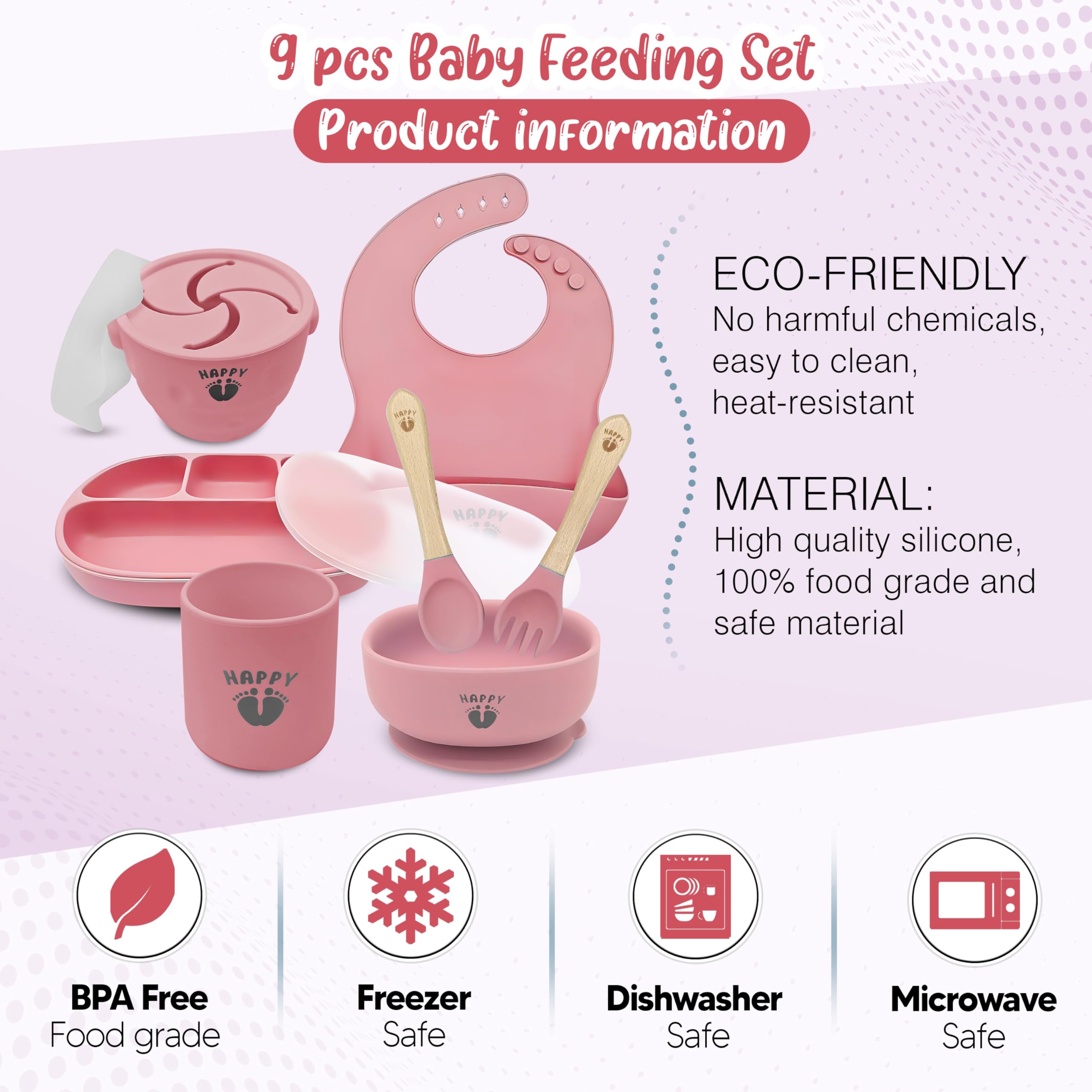 Dingas Direct - Happy Feet Feeding Set, 9 Piece Baby Feeding Supplies Set, Food Grade Silicone Baby Feeding Set, Baby Led Weaning Set and Baby Dishes, Quality Baby Suction Bowls and Plates. (Pink)