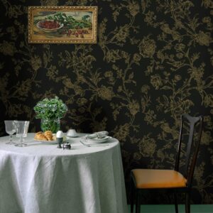 Safiyya Peel and Stick Wallpaper Gold and Black Contact Paper Floral Birds Wallpaper Peel and Stick Removable Wallpapr Boho Wallpaper Flower Contact Paper for Cabinets Vinyl Rolls 118"x17.3"