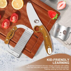 ZLemma Kids Knife Set for Real Cooking with Educational Ring & Finger Guard for Cutting Training, 3 Pieces Premium Full-tang Kids Chef Knife & Kids Crinkle Cutter, Precious Rosewood Handle