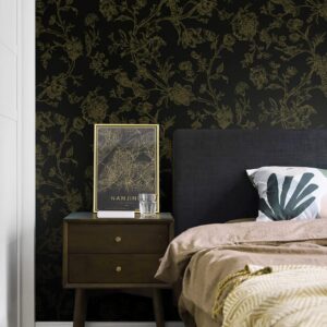 Safiyya Peel and Stick Wallpaper Gold and Black Contact Paper Floral Birds Wallpaper Peel and Stick Removable Wallpapr Boho Wallpaper Flower Contact Paper for Cabinets Vinyl Rolls 118"x17.3"