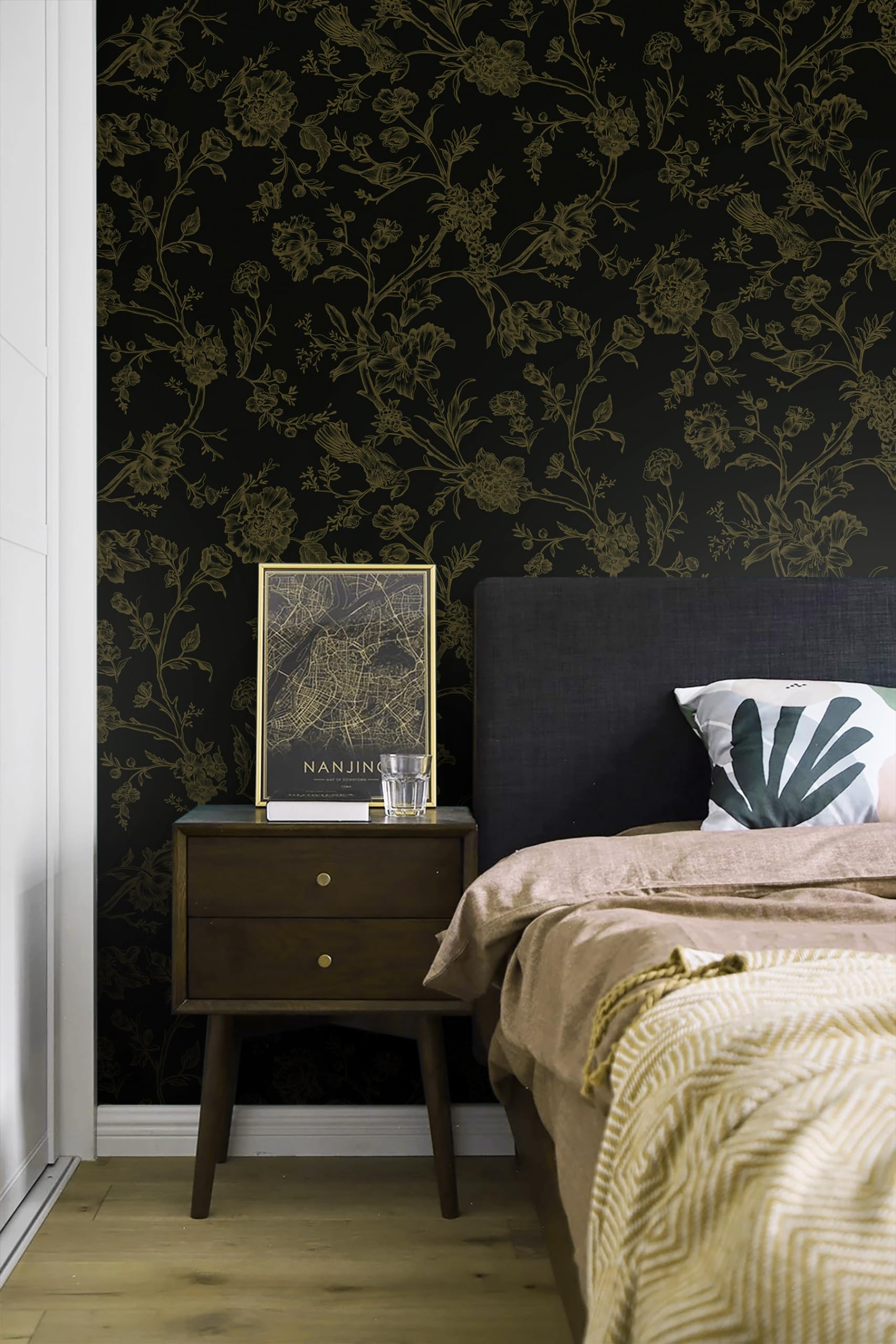 Safiyya Peel and Stick Wallpaper Gold and Black Contact Paper Floral Birds Wallpaper Peel and Stick Removable Wallpapr Boho Wallpaper Flower Contact Paper for Cabinets Vinyl Rolls 118"x17.3"