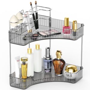 enjoynest bathroom counter organizer, 2 tier corner bathroom countertop organizer and storage perfume tray, makeup organizer for vanity with brush holder cosmetic skincare shelf for dresser kitchen