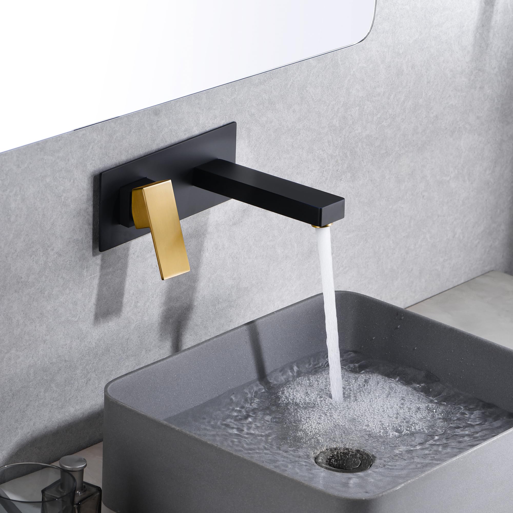 SUMERAIN Wall Mount Bathroom Sink Faucet Black and Gold Finish with Left-Handed Handle and Rough in Valve