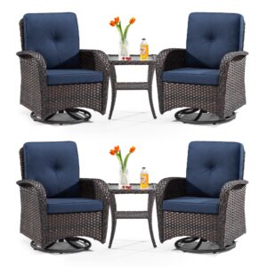 gardenbee patio swivel glider wicker chairs - outdoor swivel rocking chairs set of 4 with 2 wicker side tables, patio swivel rocker chair 6 piece patio furniture sets for patio porch deck(brown/blue)