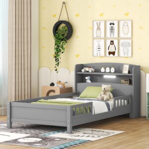 twin bed frame with storage headboard and fence rails, wood low platform beds with led light and slat support for kids boys girls teens, no box spring needed, twin size, rustic gray