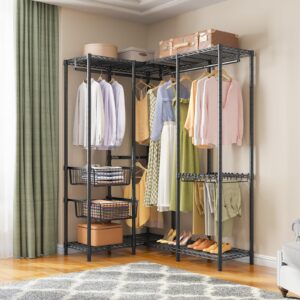 VIPEK L40 Pro L Shape Garment Rack Corner Clothes Rack for Hanging Clothes, Heavy Duty Clothing Rack with 2 Sliding Baskets & 10 Pants Hangers, Freestanding Wardrobe Closet, Max Load 1000lbs, Black