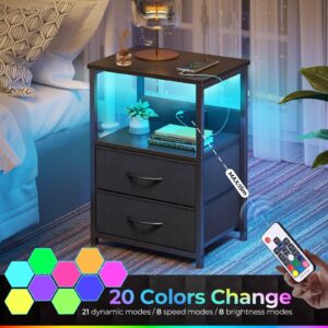 Seventable Nightstand with Charging Station, Bedside Table with LED Lights, Night Stand with 2 Fabric Drawers, 3-Tier Storage End Table for Bedroom, Black