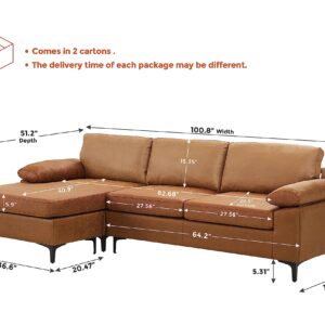 VANOMi 100" Sectional Sofa, Faux Leather Mid-Century Modern Reversible Couch, L Shaped 3-Seat Sofa Couch with Chaise for Living Room, Brown