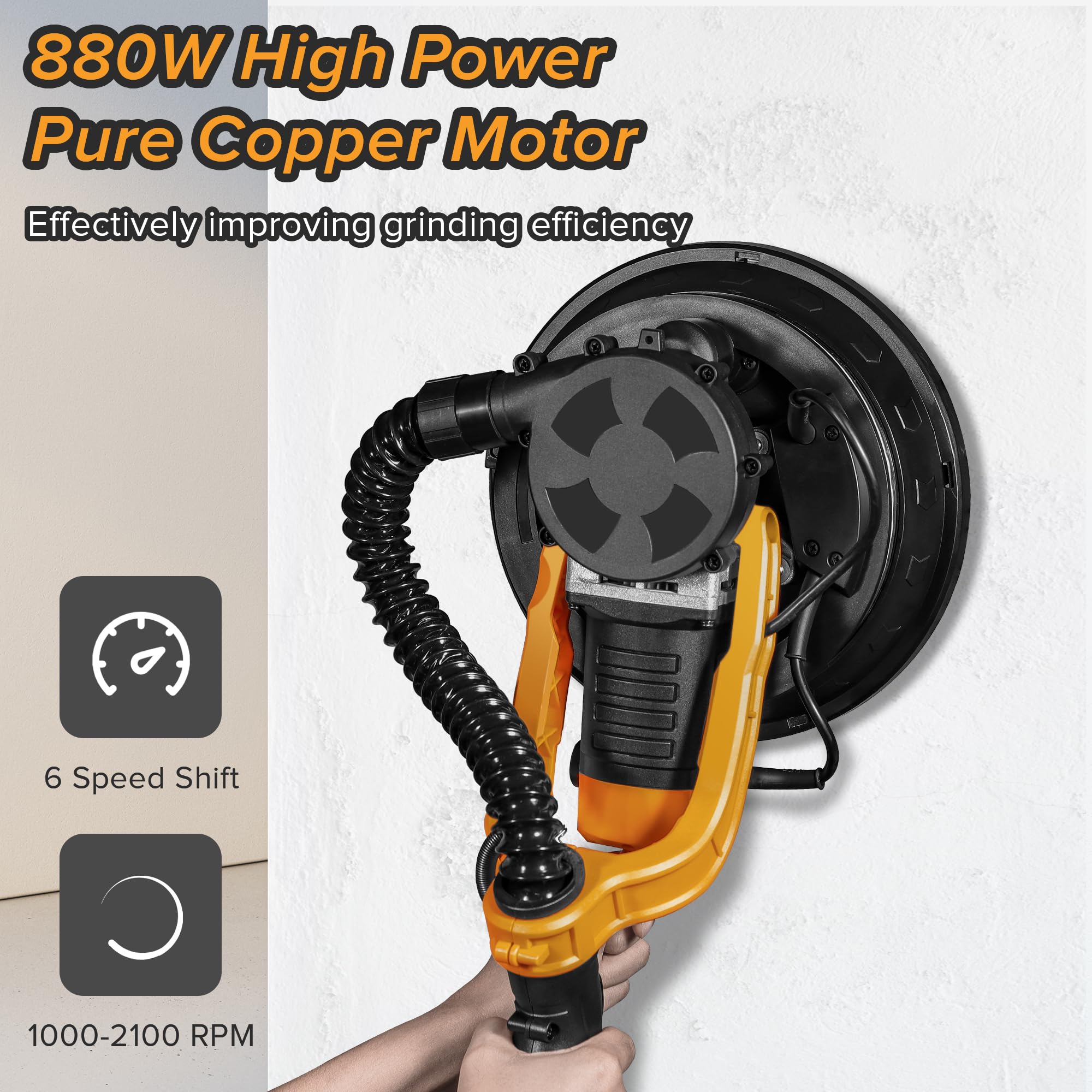 Drywall Sander, 880W Electric Drywall Sander with Vacuum Dust Collection, 6 Variable Speed 1000-2100RPM, Extendable Handle, Dustless Floor Sander with 14'' Power Cord for Popcorn Ceiling, Wood Floor