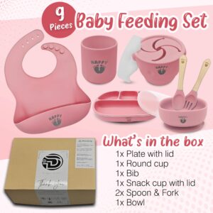 Dingas Direct - Happy Feet Feeding Set, 9 Piece Baby Feeding Supplies Set, Food Grade Silicone Baby Feeding Set, Baby Led Weaning Set and Baby Dishes, Quality Baby Suction Bowls and Plates. (Pink)