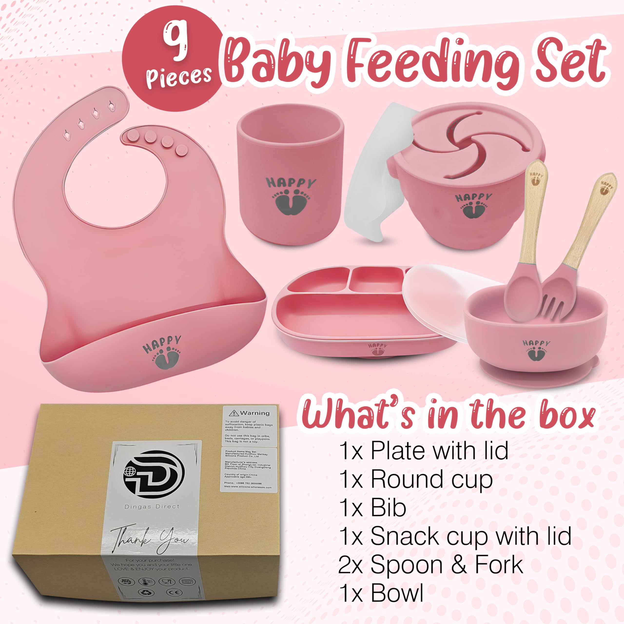 Dingas Direct - Happy Feet Feeding Set, 9 Piece Baby Feeding Supplies Set, Food Grade Silicone Baby Feeding Set, Baby Led Weaning Set and Baby Dishes, Quality Baby Suction Bowls and Plates. (Pink)