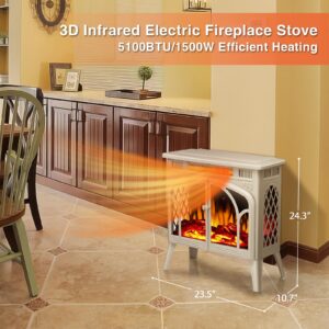 Electric Fireplace Heater with Remote, 24” Portable Infrared Fireplace Stove with Multiple 3D Flame, Adjustable Brightness,Timer 5100BTU Freestanding Electric Fireplace Heaters for Indoor Use Beige