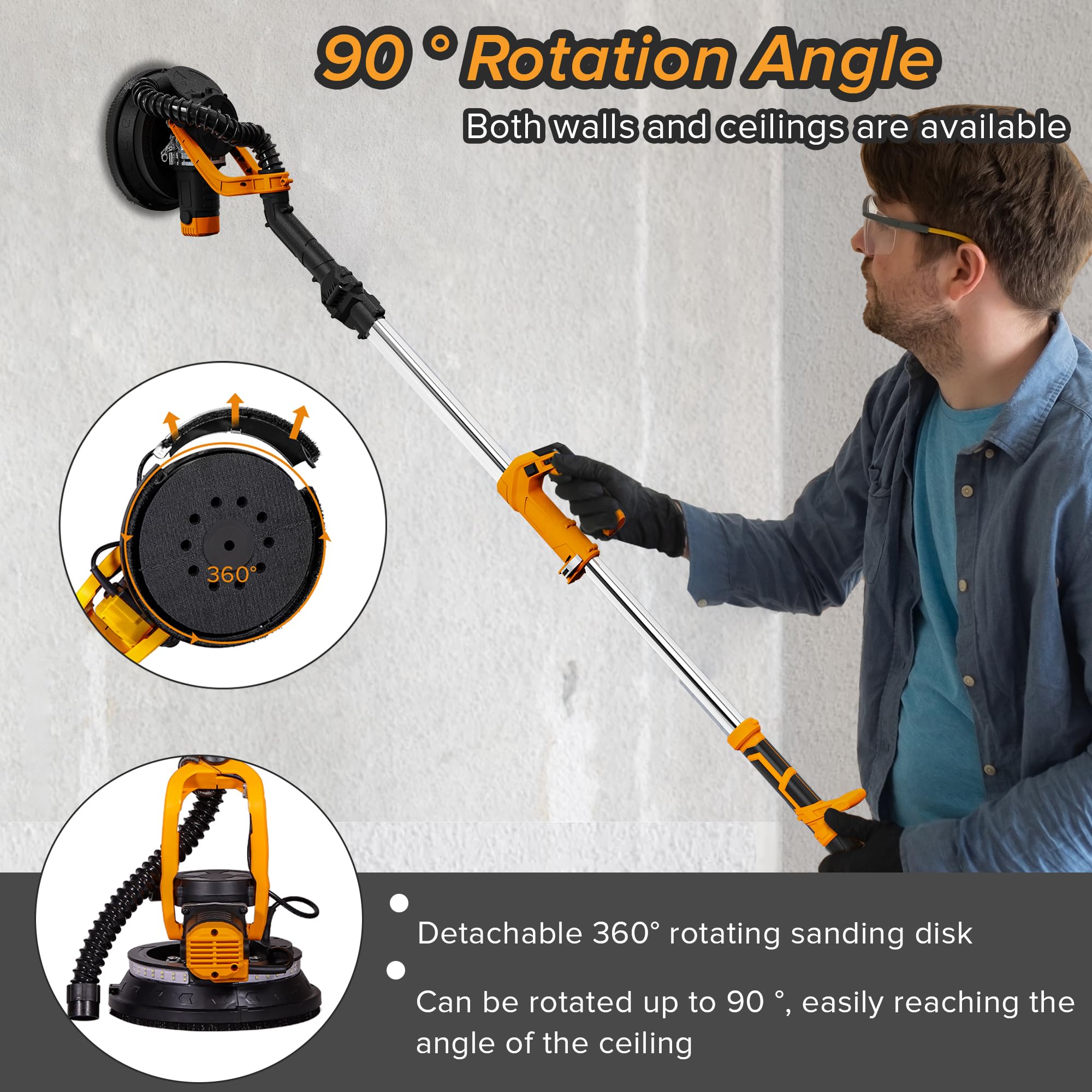 Drywall Sander, 880W Electric Drywall Sander with Vacuum Dust Collection, 6 Variable Speed 1000-2100RPM, Extendable Handle, Dustless Floor Sander with 14'' Power Cord for Popcorn Ceiling, Wood Floor