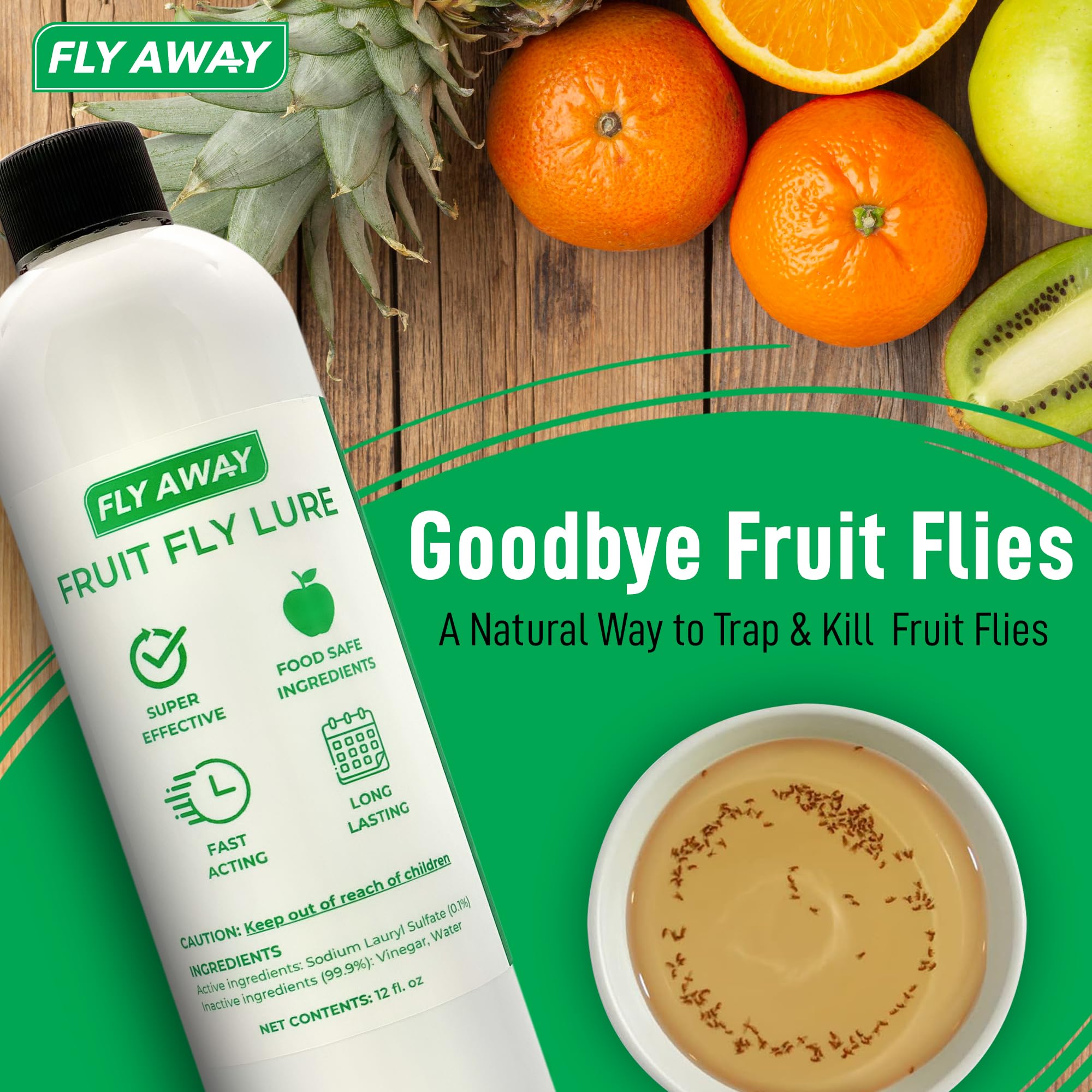 Fly Away Fruit Fly Liquid Lure - Trap Fruit Flies Fast. Safe Around Food. Fruit Fly Trap Indoor Bait for Kitchens, Restaurants, and Bars. Use Alone or as Refill for Fly Away Fruit Fly Trap Kit (12 oz)