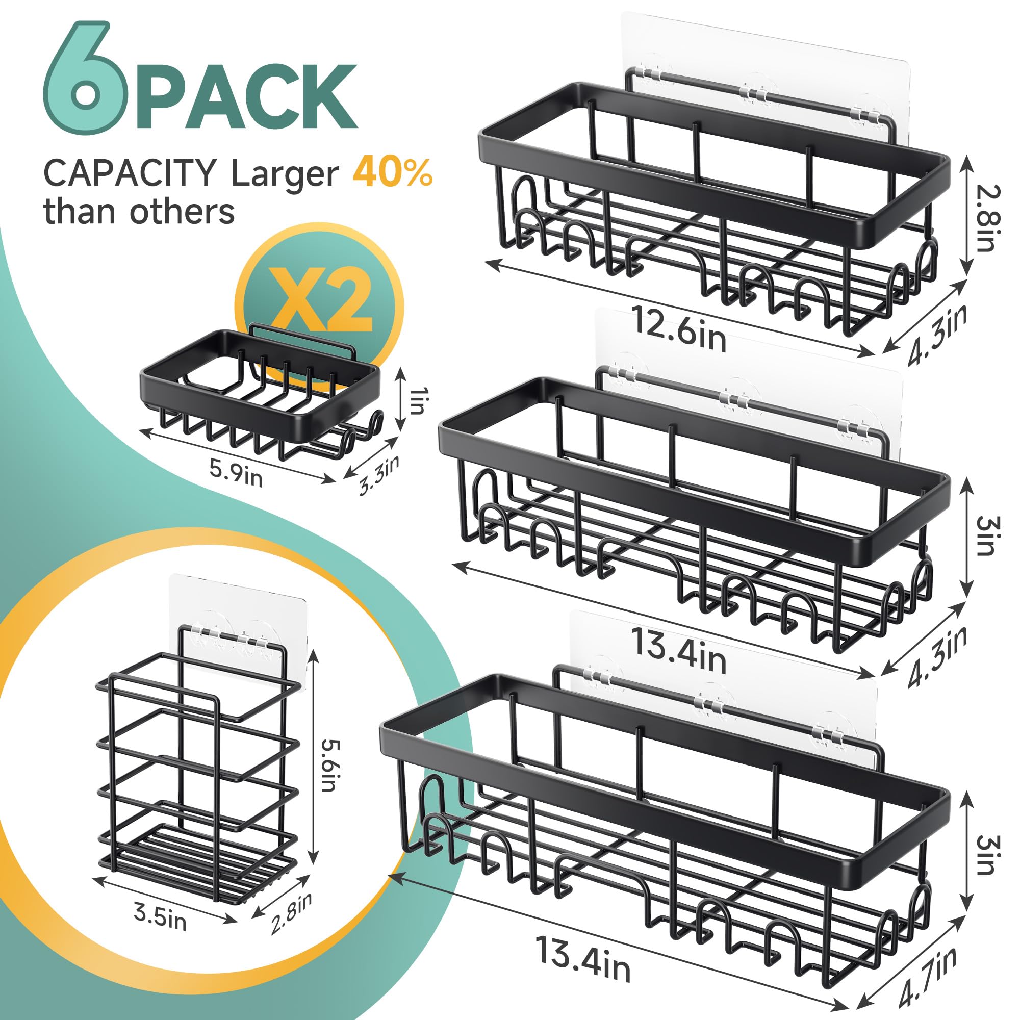 Veken Adhesive Shower Caddy 6-Pack, Large Capacity Bathroom Organizers and Storage, Rustproof Shelves Rack with Soap Holder, No Drilling Wall-Mounted Kitchen & Home Decor, Bath Decor&Essentials, Black