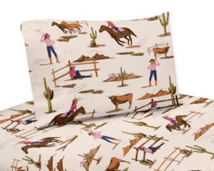 sweet jojo designs western cowgirl girl twin sheets set single size bed flat fitted sheet pillow case kid childrens teenager bedding 3p wild west vintage country retro animal southwest brown pink blue