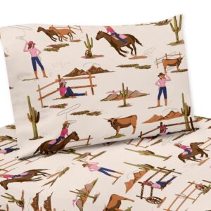 Sweet Jojo Designs Western Cowgirl Girl Twin Sheets Set Single Size Bed Flat Fitted Sheet Pillow Case Kid Childrens Teenager Bedding 3p Wild West Vintage Country Retro Animal Southwest Brown Pink Blue