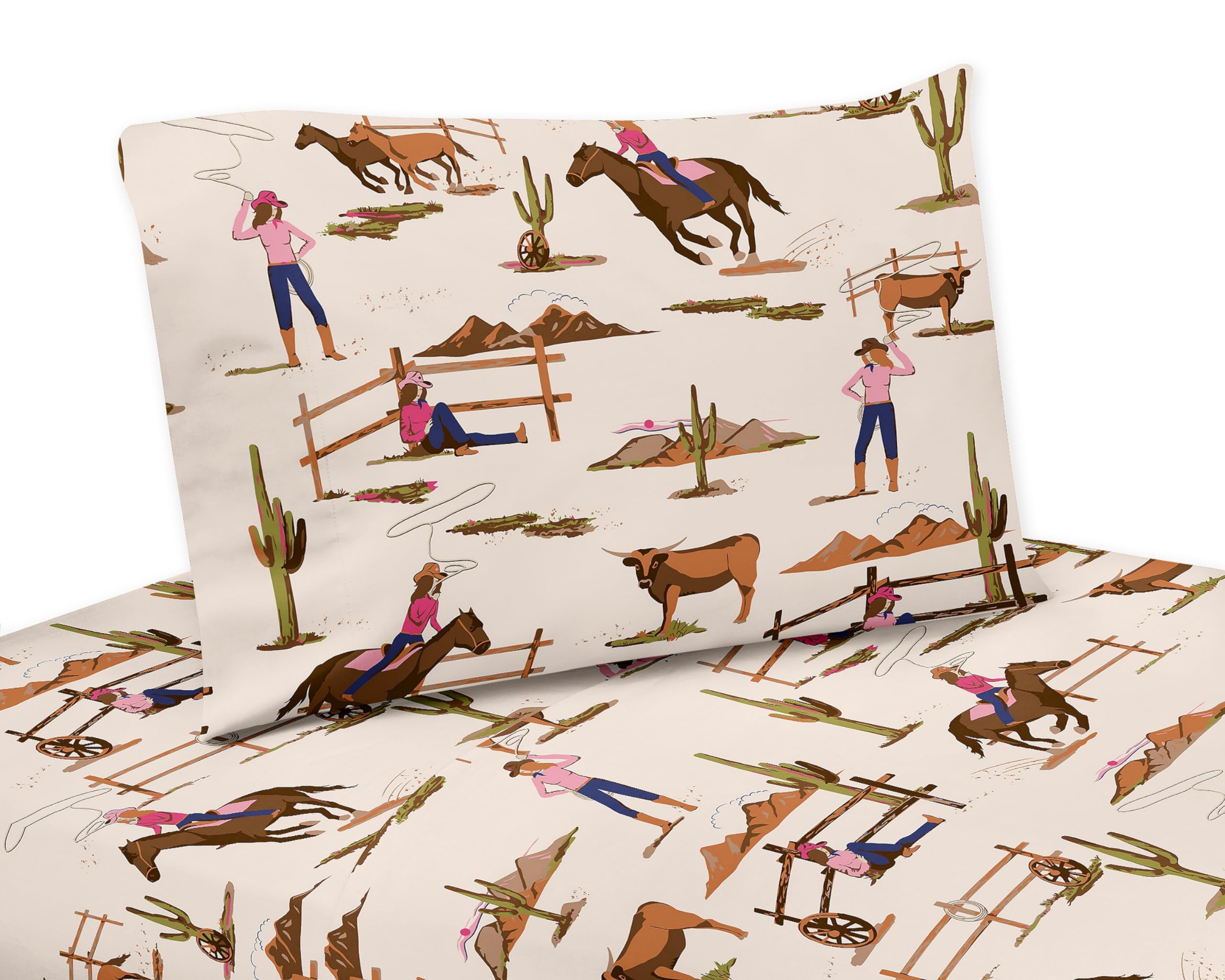 Sweet Jojo Designs Western Cowgirl Girl Twin Sheets Set Single Size Bed Flat Fitted Sheet Pillow Case Kid Childrens Teenager Bedding 3p Wild West Vintage Country Retro Animal Southwest Brown Pink Blue