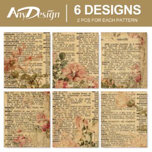 AnyDesign 12 Sheet Vintage Floral Wrapping Paper Retro Newspaper Kraft Gift Wrap Bulk Folded Flat Rose Flower Craft Art Paper for Party DIY Wrapping Supplies, 19.7 x 27.6 Inch