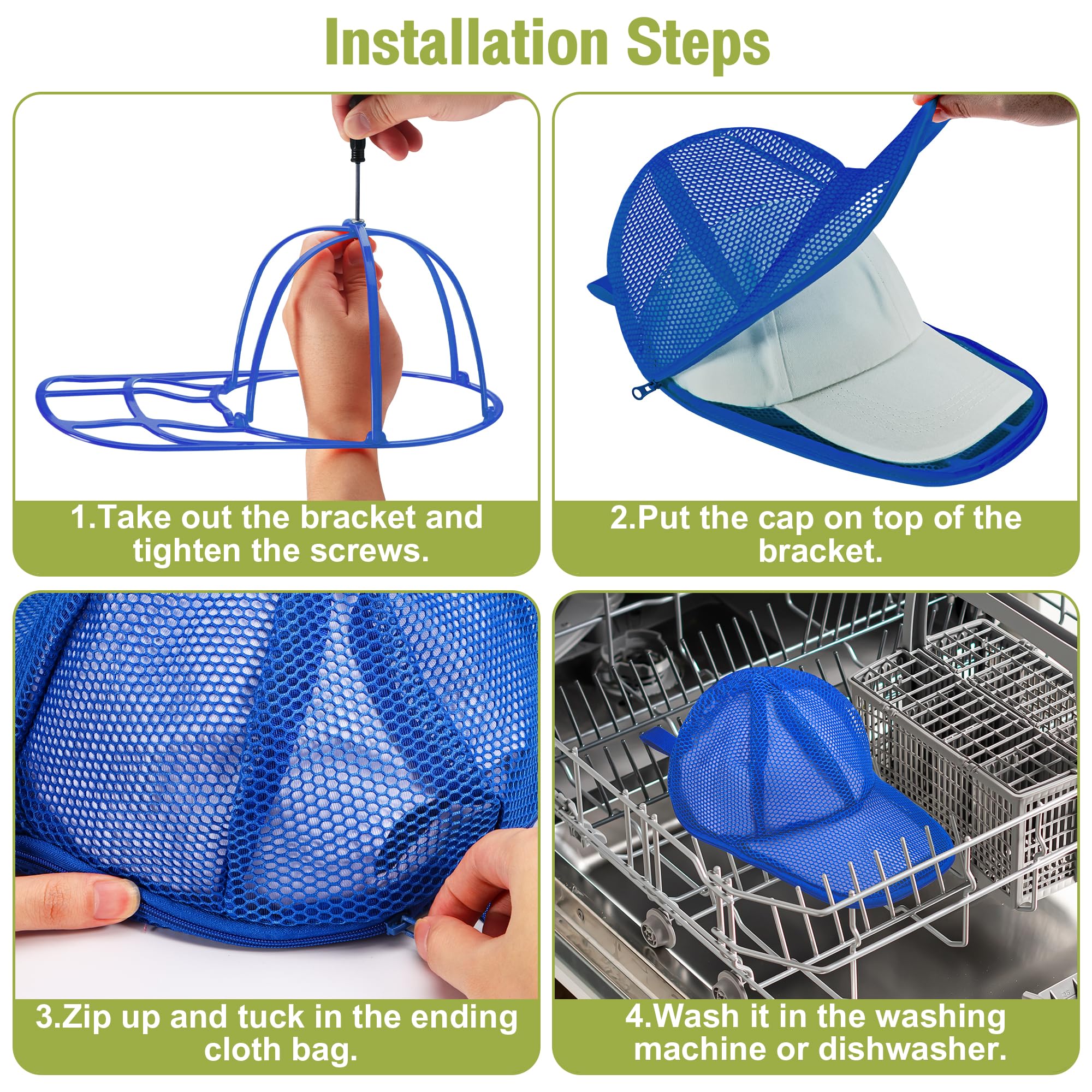 MAGTSMEI Hat Washer Cage, 1Pack Hat Washer for Baseball Caps Foldable Hat Cleaner for Washing Machine, Dishwasher Hat Rack Protector Organizer Storage for Flat & Curved Hats Blue