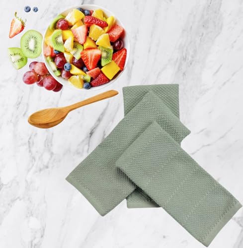 Sage Green Kitchen Dish Towels: 100% Cotton Cloth Soft Cleaning Drying Absorbent Textured Terry Loop, Set of 3 Multipurpose for Everyday Use