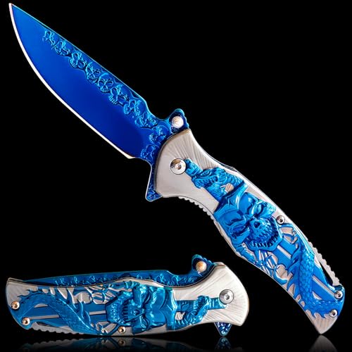 MADSMAUG SKULL Pocket Knife, Cool Pocket Folding Knife with 3D TITANIUM-PLATED SKULL Patterns, Great Christmas Gift EDC knife For Men Outdoor Survival Camping(Blue)